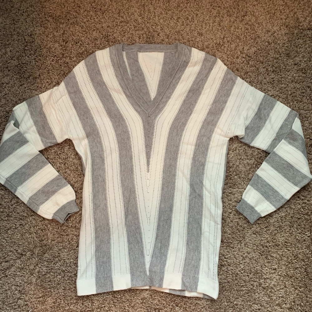 Grey and white v-neck stripped sweater
